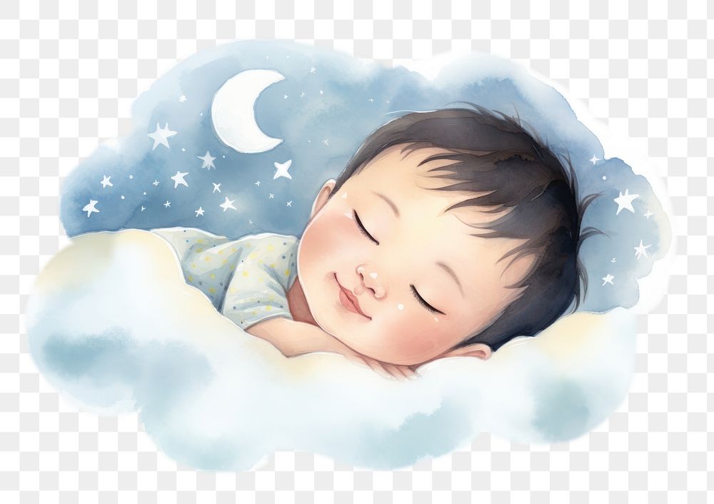 PNG minimal and clean watercolor illustration of an asian baby, sleeping, cute, smiling, isolated on solid background --ar…