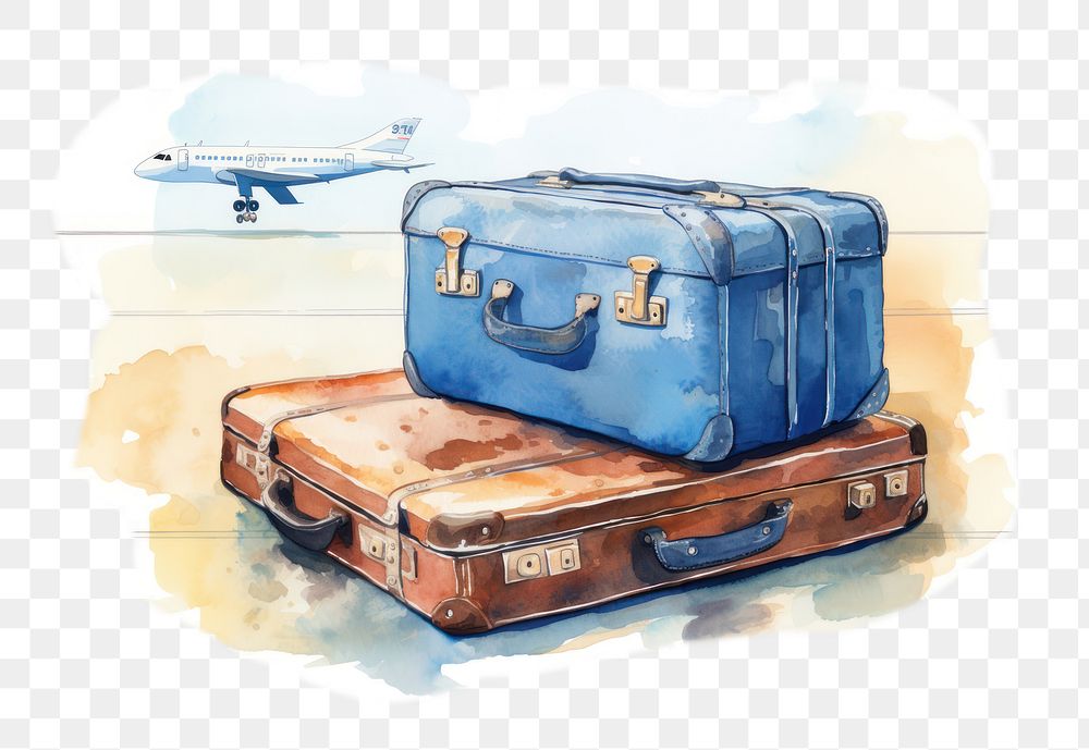 PNG watercolor illustration of a a flight boarding pass on a luggage, afternoon light, isolate watercolor element in the…