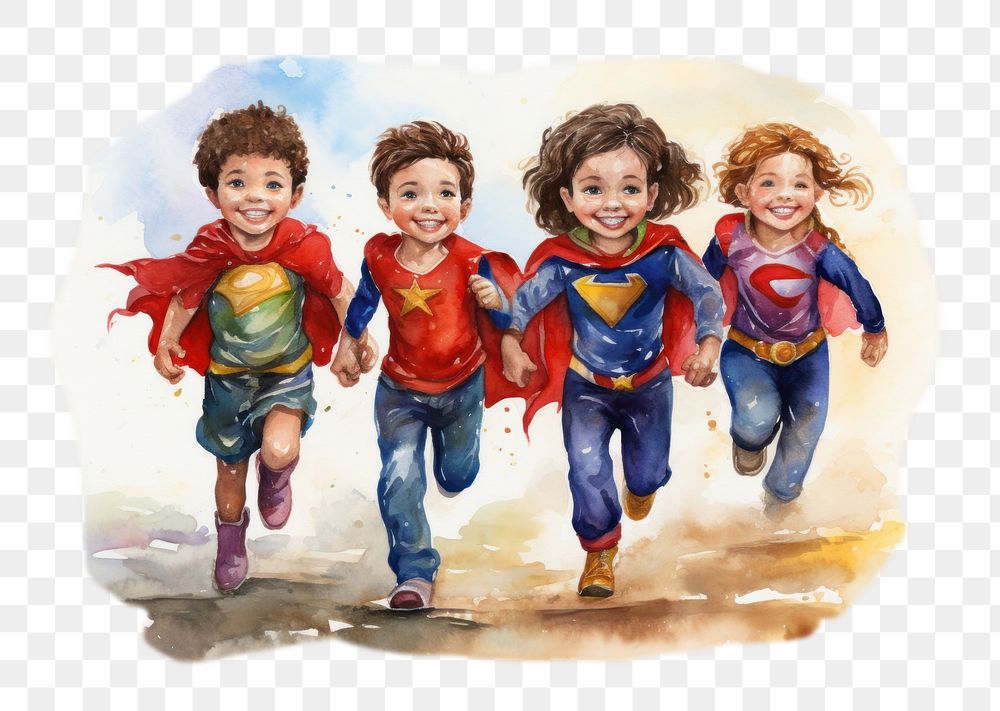 PNG watercolor illustration of kids in superhero uniforms, front view, clean bakground --ar 3:2