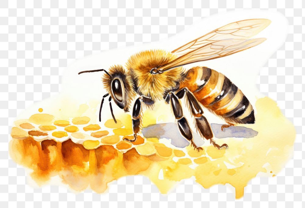 PNG watercolor illustration of one bee with honey comb, isolated on a white paper background, isolated --ar 3:2