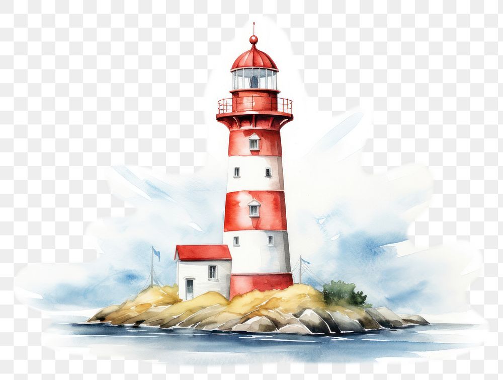 PNG watercolor illustration of only lighthouse element, isolated on a white paper background, isolated --ar 3:2