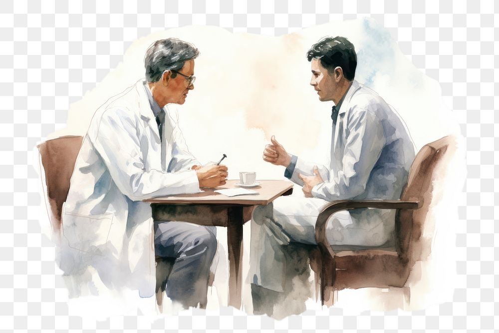 PNG watercolor illustration of doctor consult with patient, isolated on a white paper background, isolated --ar 3:2
