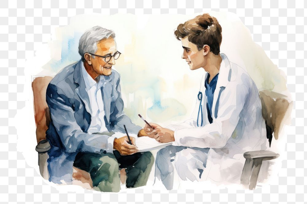PNG watercolor illustration of doctor consult with patient, isolated on a white paper background, isolated --ar 3:2