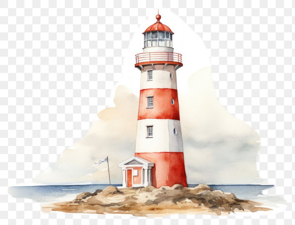 PNG watercolor illustration of fullbody of a light house, isolated on a white paper background, isolated --ar 3:2