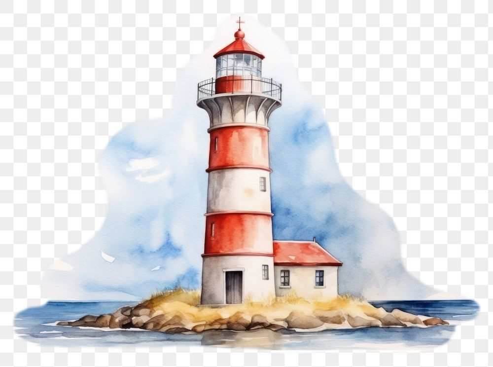 PNG watercolor illustration of pure lighthouse, isolated on a white paper background, isolated --ar 3:2 --no environment