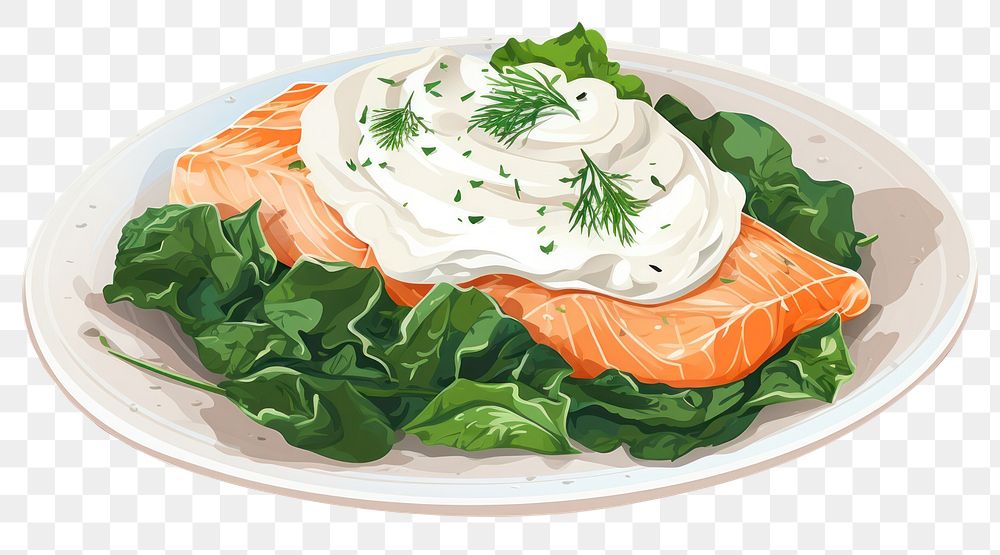 PNG Salmon plate food meal, digital paint illustration.