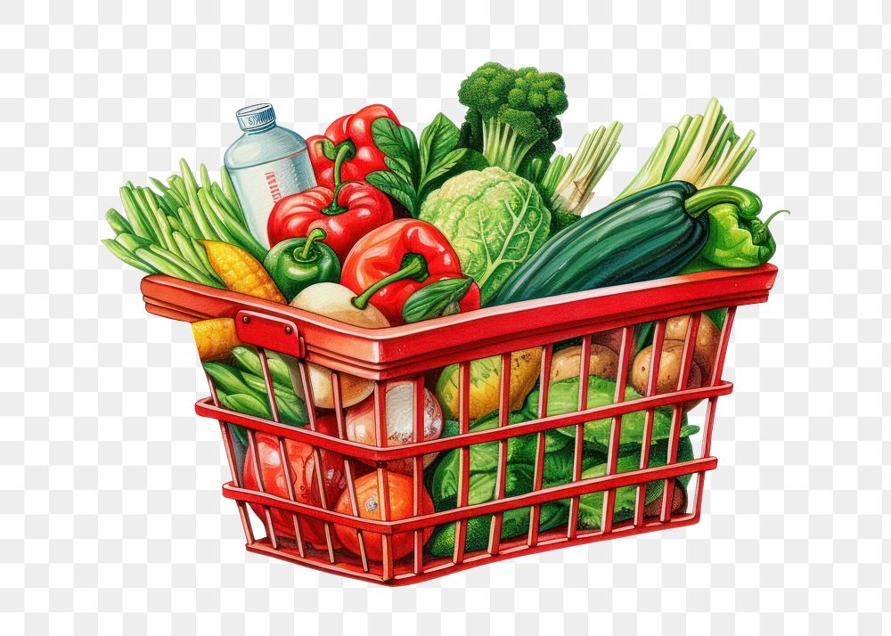 PNG Basket food white background consumerism, digital paint illustration. AI generated image