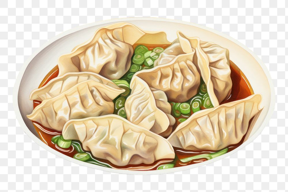 PNG Dumpling wonton pasta plate, digital paint illustration.