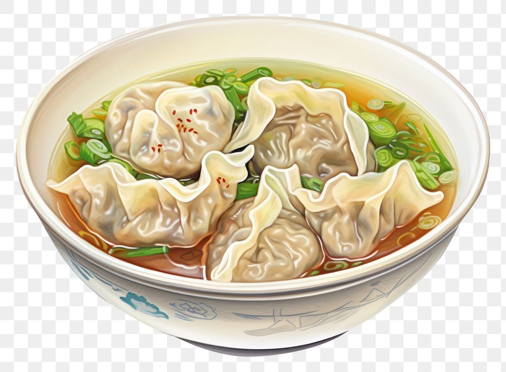 PNG Dumpling wonton plate food, digital paint illustration. AI generated image