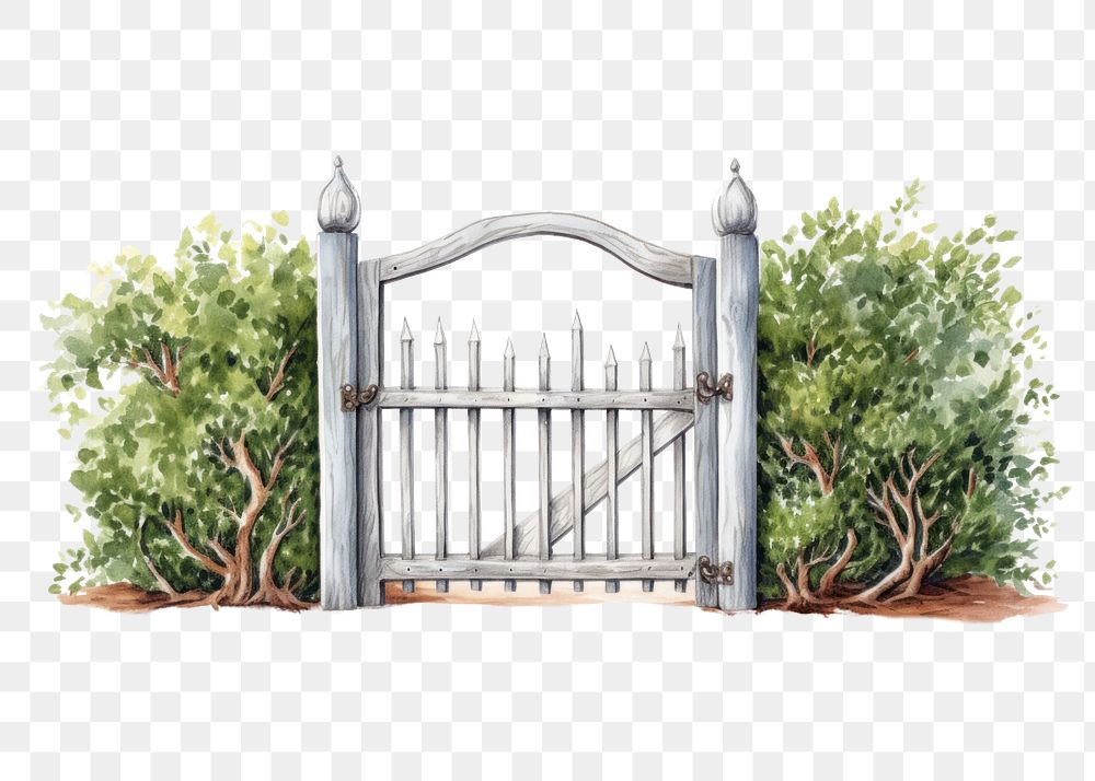 PNG Gate outdoors fence plant, digital paint illustration. AI generated image