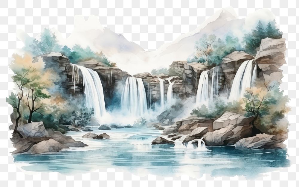 PNG Waterfall landscape painting outdoors. AI generated Image by rawpixel.