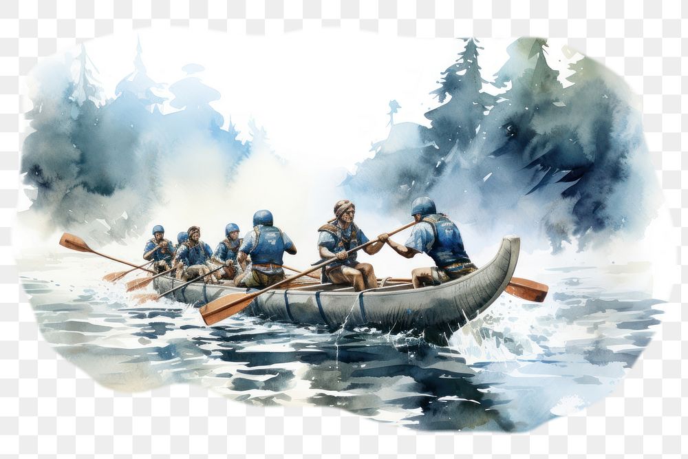 PNG watercolor illustration of A canoe team, isolate illustration on paper --ar 3:2
