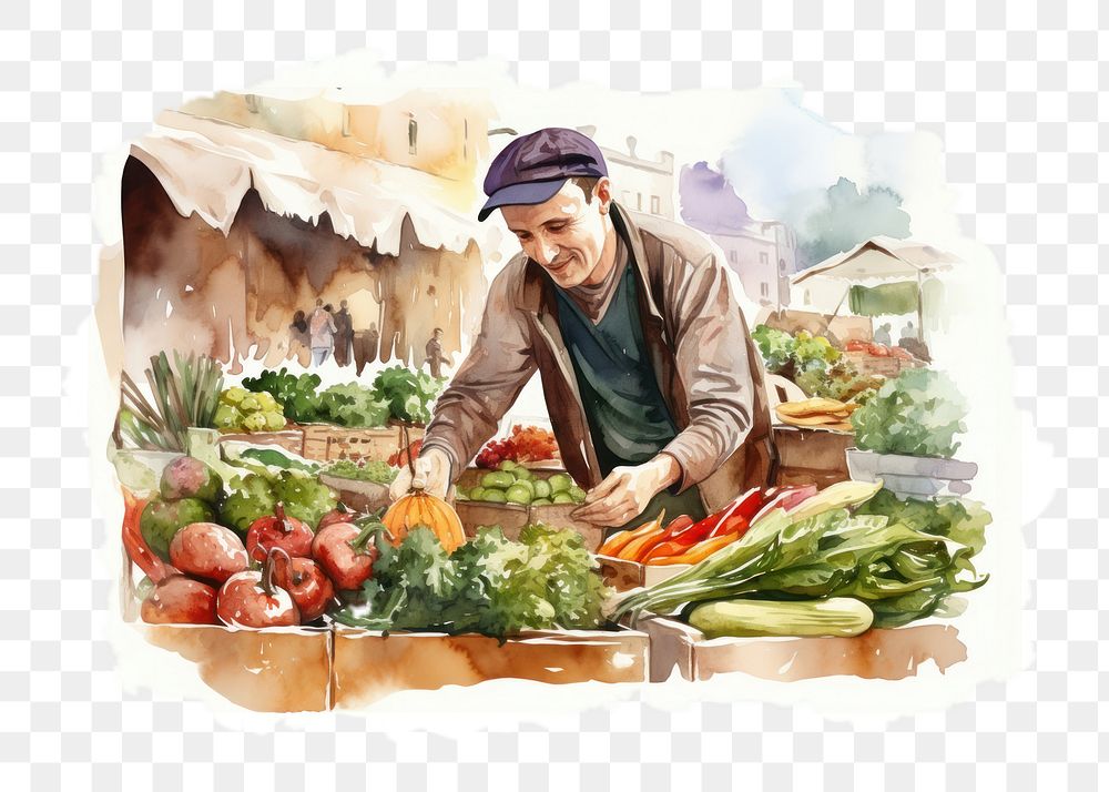 PNG Hand-drawn, watercolor illustration of close up man buy vegetable at farmers market, off-white background, 8K --ar 3:2