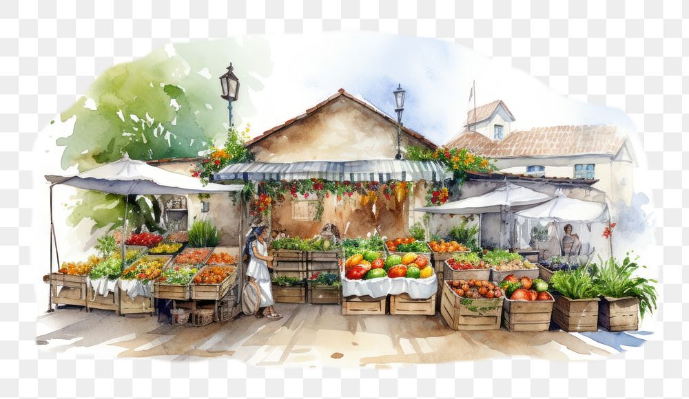 PNG Hand-drawn, watercolor illustration of farmers market, off-white background, 8K