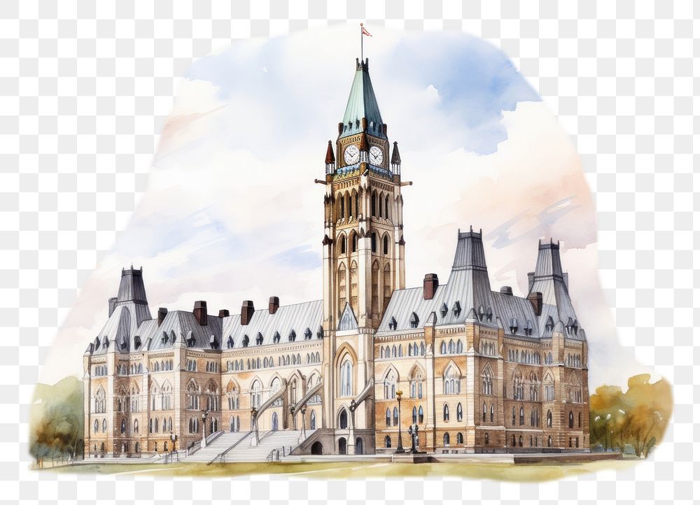 PNG Hand-drawn, watercolor illustration of Government Building on Parliament Hill in Ottawa , off-white background, 8K --ar…