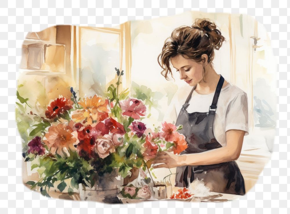PNG Hand-drawn, watercolor illustration of small business owner cwrapping flowers bouquet in kitchen at home , off-white…
