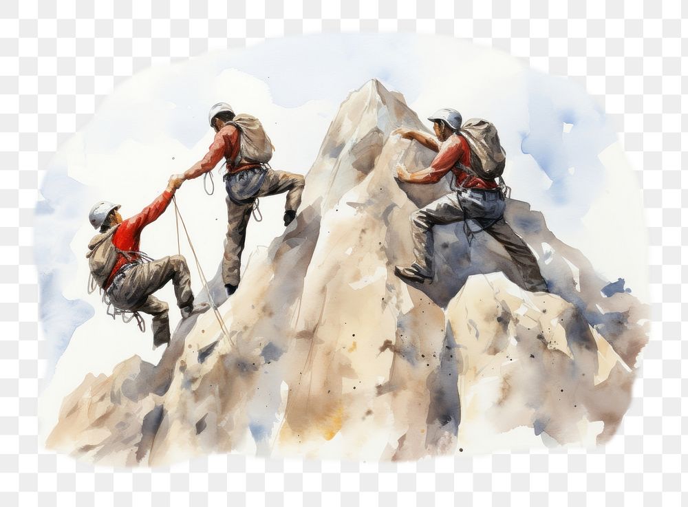 PNG Hand-drawn, watercolor illustration of Three rock climbers helping one from falling , off-white background, 8K --ar 3:2