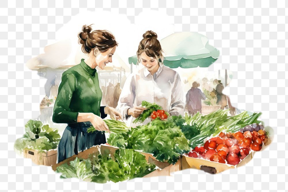 PNG Hand-drawn, watercolor illustration of women buy vegetable at farmers market, off-white background, 8K --ar 3:2