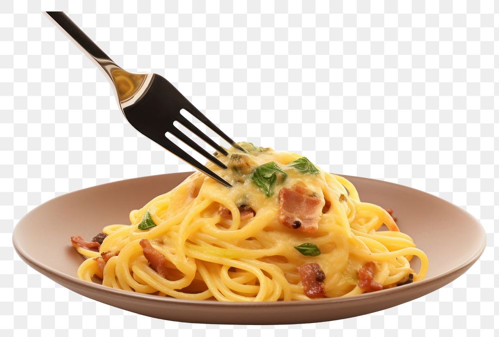 PNG Spaghetti carbonara fork pasta plate. AI generated Image by rawpixel.