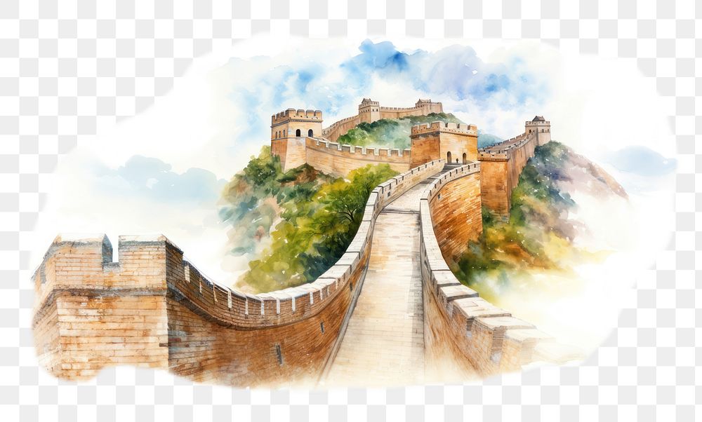 PNG water color illustration of great wall of china isolated on white paper --ar 3:2