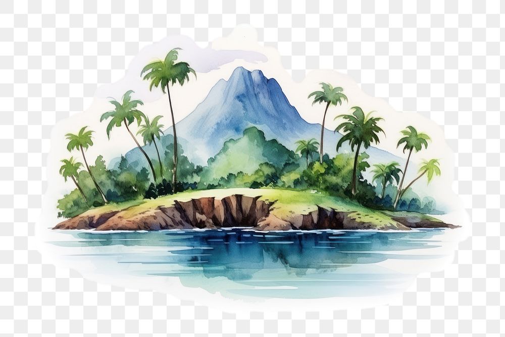 PNG water color illustration of tropical island isolated on white paper --ar 3:2