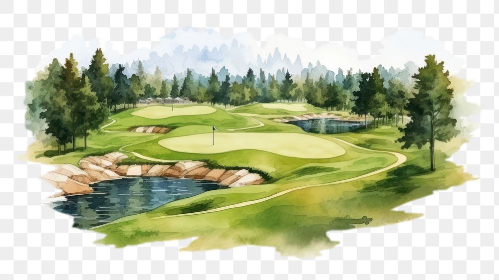 PNG watercolor style for the design of golf course isolated on a white paper background --ar 3:2