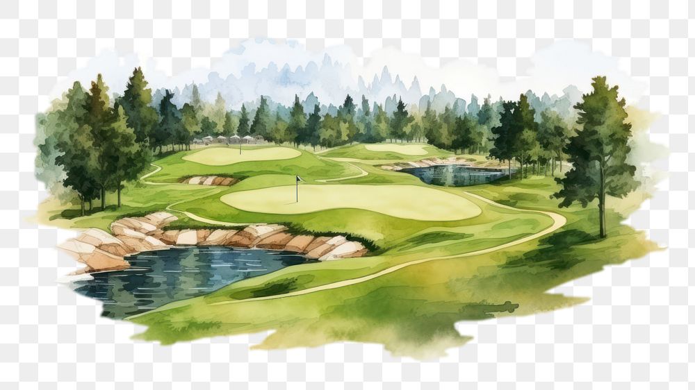 PNG watercolor style for the design of golf course isolated on a white paper background