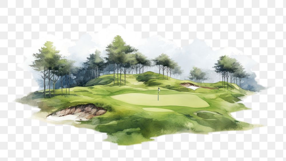 PNG watercolor style for the design of golf course isolated on a white paper background --ar 3:2