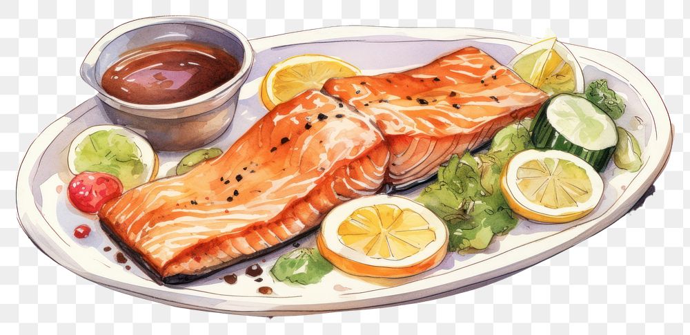 PNG Seafood salmon plate invertebrate. AI generated Image by rawpixel.