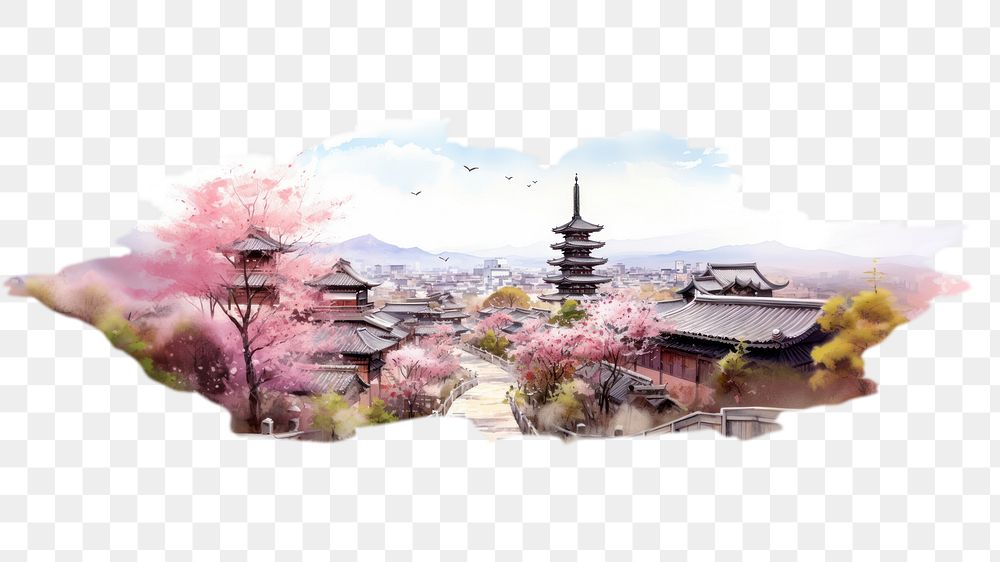 PNG Oil painting illustration of Kyoto, isolated on white background --ar 3:2