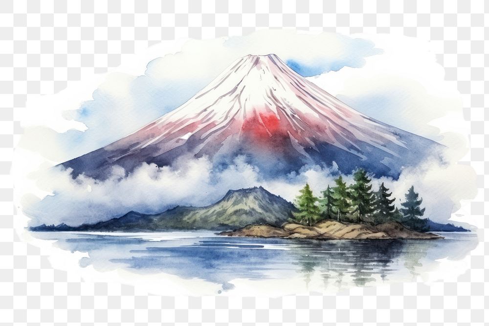 PNG Watercolor illustration of Mount Fuji, Japanese landmark, isolated on white background --ar 3:2