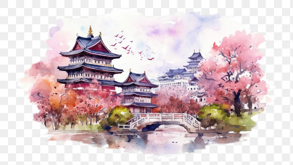 PNG Watercolor illustration of Osaka, Japanese landmark, isolated on white background --ar 3:2