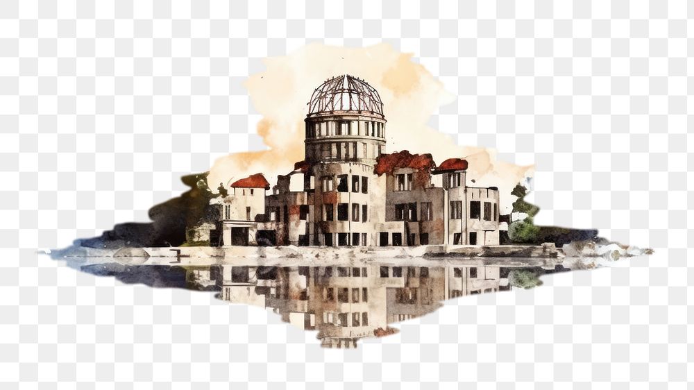 PNG Watercolor illustration of Hiroshima, Japanese landmark, isolated on white background --ar 3:2