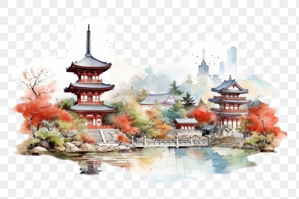 PNG Watercolor illustration of Kyoto, Japanese landmark, isolated on white background --ar 3:2