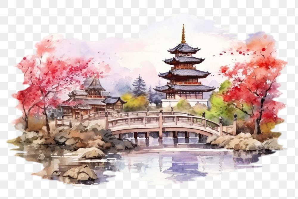 PNG Watercolor illustration of Kyoto, Japanese landmark, isolated on white background --ar 3:2