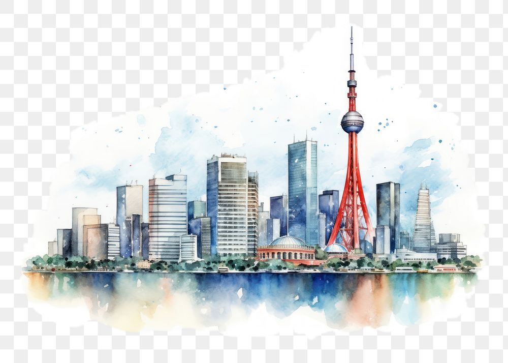 PNG Watercolor illustration of Tokyo, Japanese landmark, isolated on white background --ar 3:2