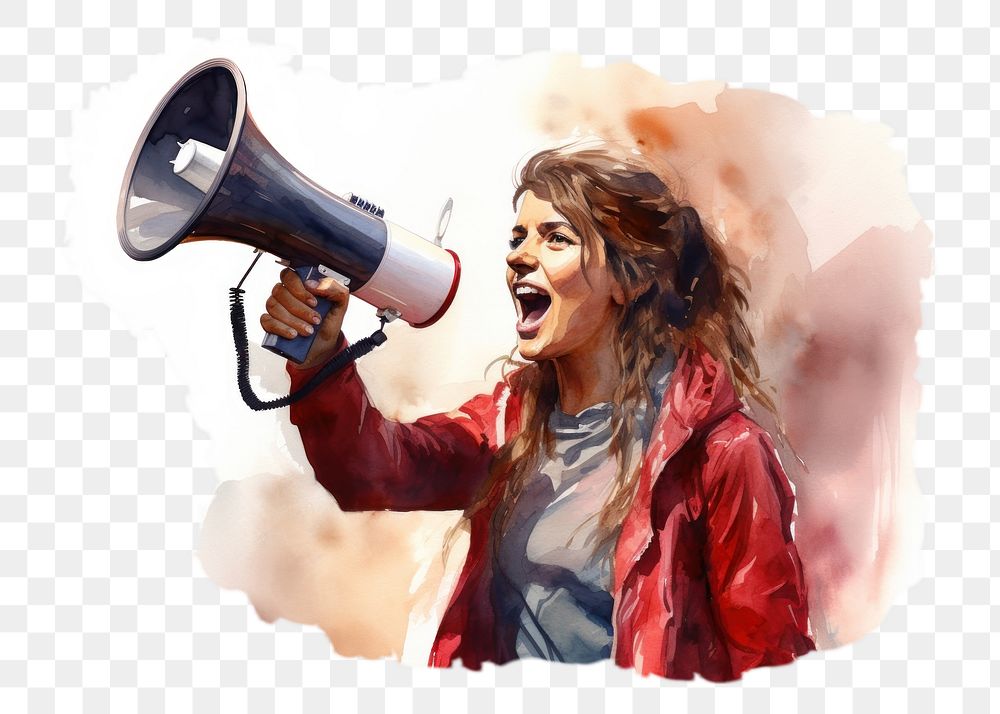 PNG watercolor illustration of Female activist with a megaphone, isolate illustration on paper