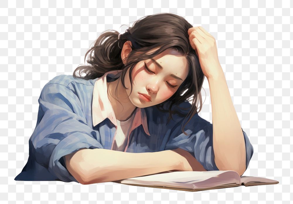 PNG Sleeping reading female tired. AI generated Image by rawpixel.