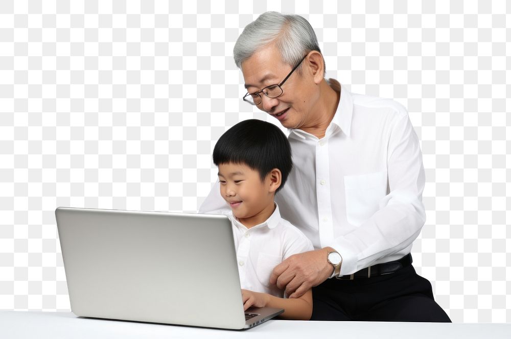 PNG Laptop grandfather computer adult. AI generated Image by rawpixel.