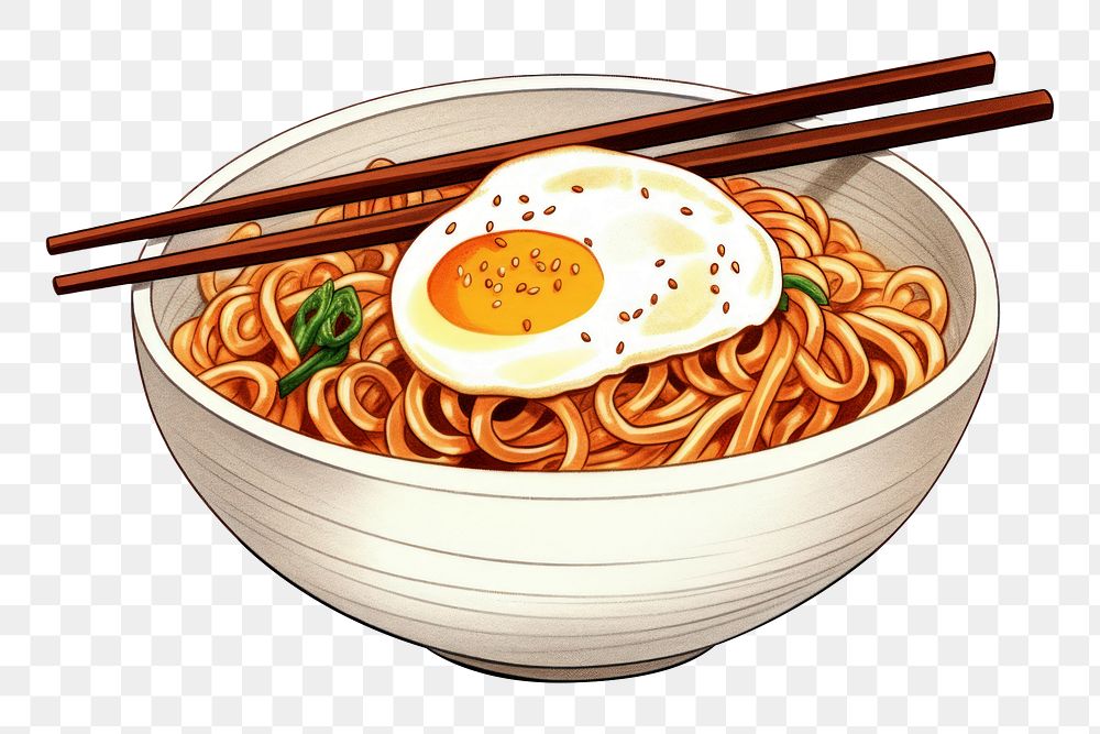 PNG Egg noodle ramen plate, digital paint illustration.