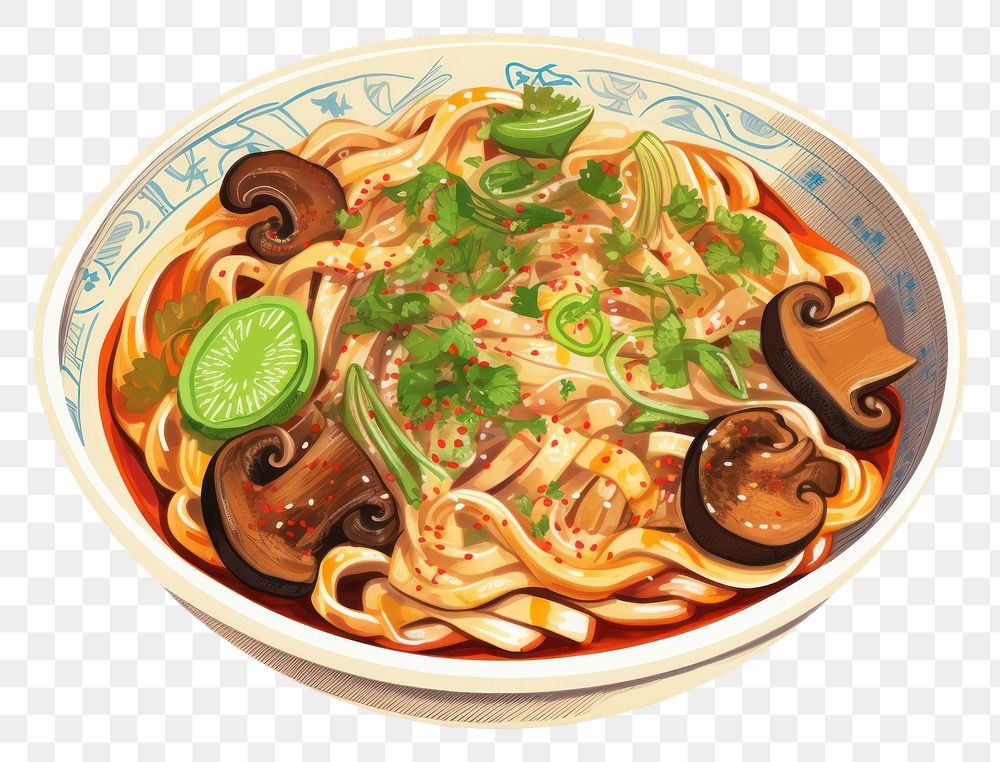 PNG Noodle soup plate food, digital paint illustration. AI generated image