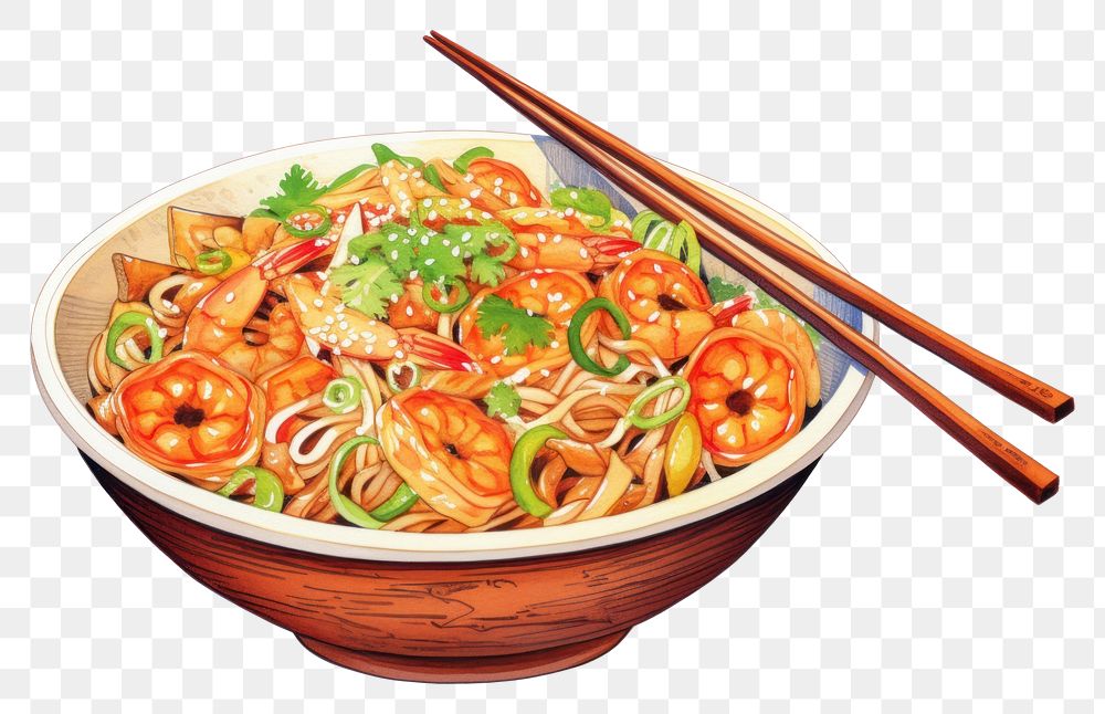 PNG Food chopsticks noodle plate, digital paint illustration. AI generated image