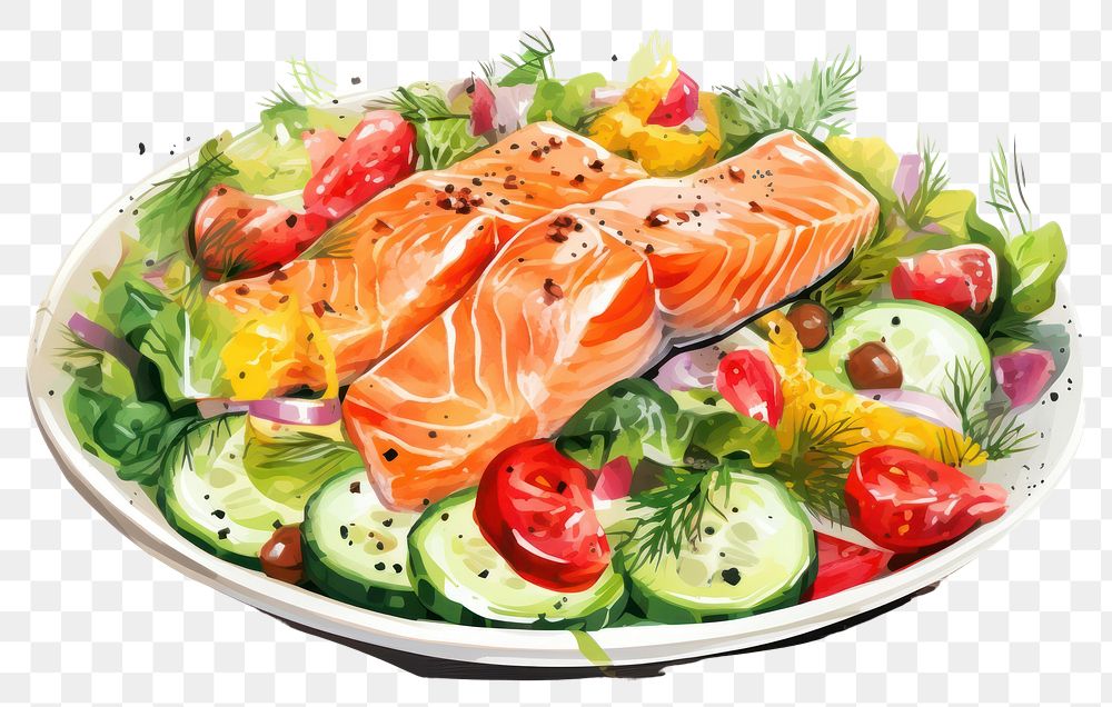 PNG Salmon seafood salad plate. AI generated Image by rawpixel.