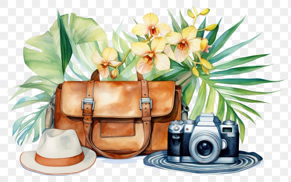 PNG Camera handbag flower plant. AI generated Image by rawpixel.