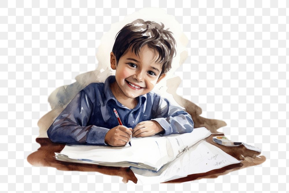 PNG watercolor illustration of a boy, smile, age around 7 years old, Muslim, studying, isolated on a white paper background…