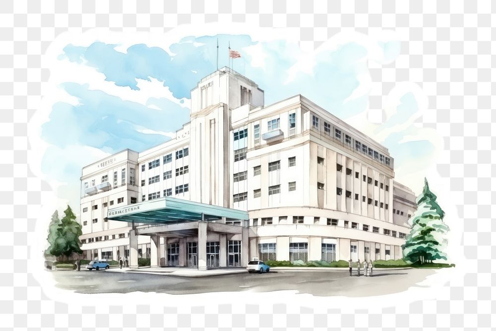 PNG watercolor illustration of hospital, isolated on a white paper background, isolated --ar 3:2