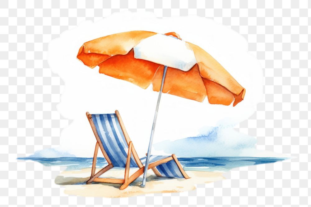 PNG watercolor illustration a summer beach, with a blue deckchair backside under the white-orange beach umbrella, isolated…