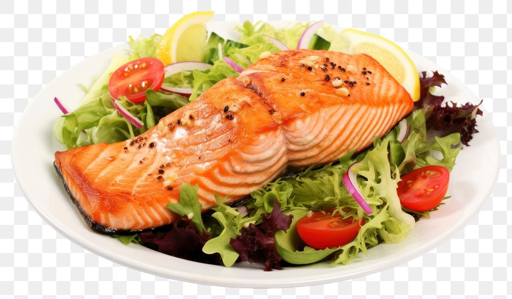 PNG Seafood salmon plate vegetable. AI generated Image by rawpixel.