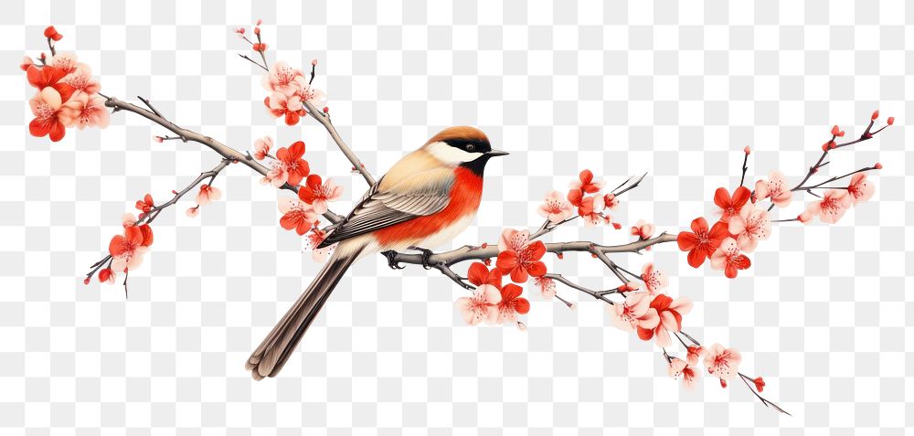 PNG Bird branch flower animal. AI generated Image by rawpixel.