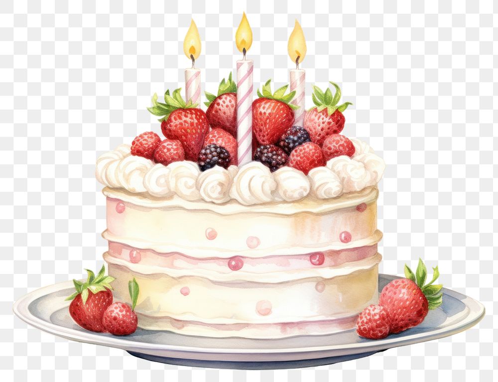PNG Cream cake strawberry birthday, digital paint illustration. AI generated image